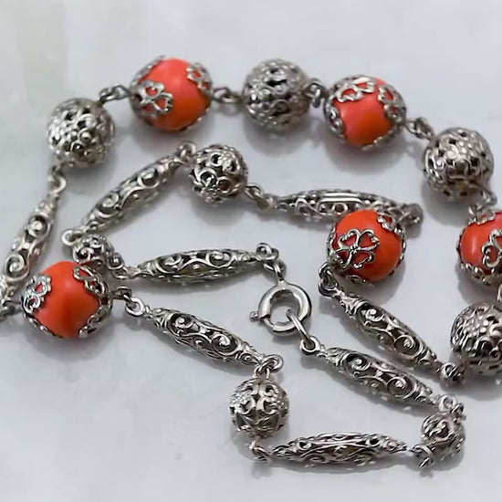 Vintage Art Deco 1930s, Antique Czech Bohemian Orange Coral Glass Beaded Filigree Necklace, Silver Plated, Unique Gift Jewelry Jewellery