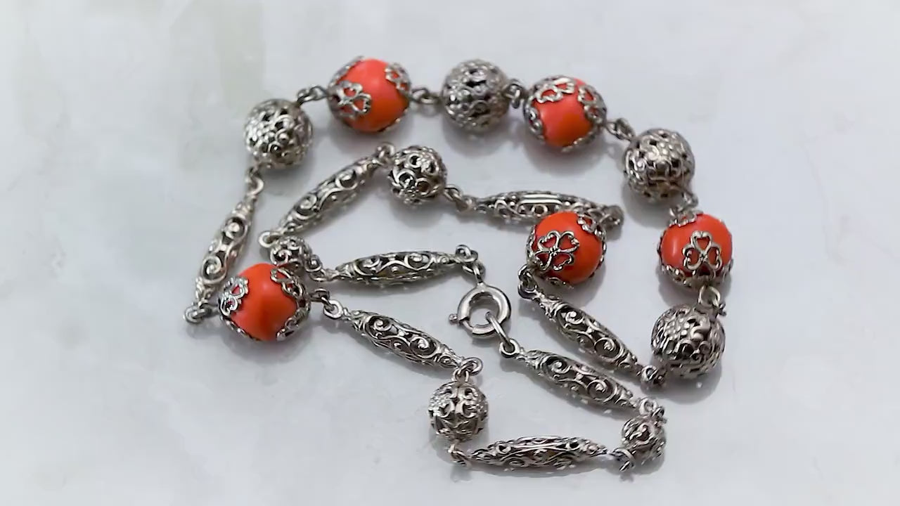 Vintage Art Deco 1930s, Antique Czech Bohemian Orange Coral Glass Beaded Filigree Necklace, Silver Plated, Unique Gift Jewelry Jewellery