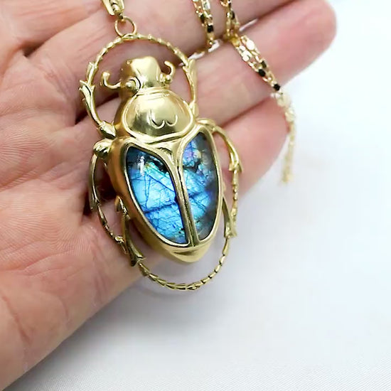 Art Deco Vintage style Egyptian Scarab Large Pendant Necklace, Antique 24k Yellow Gold Plated, Royal Blue Labradorite, Unique Gift