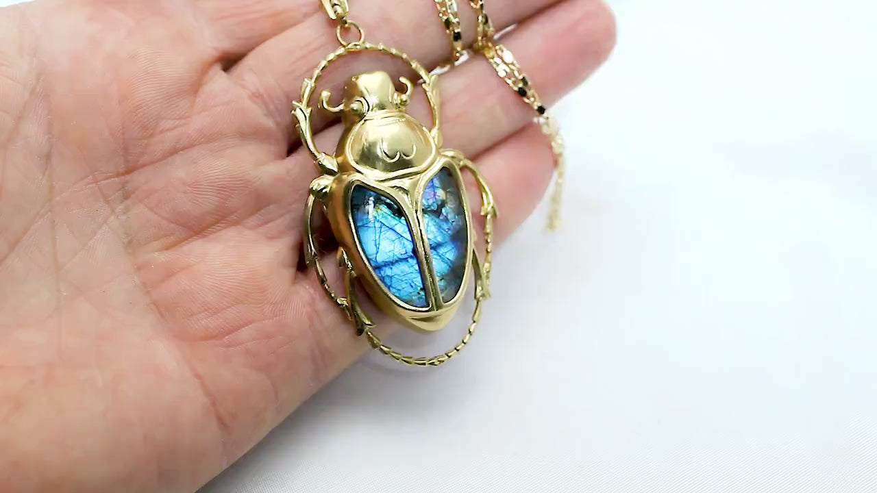 Art Deco Vintage style Egyptian Scarab Large Pendant Necklace, Antique 24k Yellow Gold Plated, Royal Blue Labradorite, Unique Gift