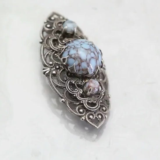 Art Deco 1920-1930's Brooch, Antique Silver Plated, Vintage Czech Bohemian Glass Turquoise Filigree Brooch Pin Jewellery, Gift for Women