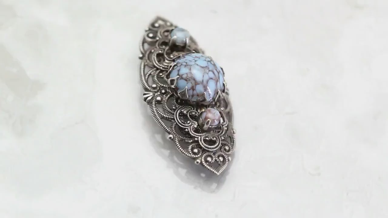 Art Deco 1920-1930's Brooch, Antique Silver Plated, Vintage Czech Bohemian Glass Turquoise Filigree Brooch Pin Jewellery, Gift for Women