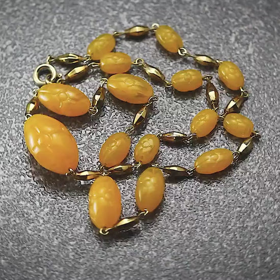 Antique Art Deco 1920s Czech Craftsmanship Bohemian Gold Yellow, Butterscotch Art Glass Beaded Necklace, Gold Tone, Unique Jewelry Jewellery