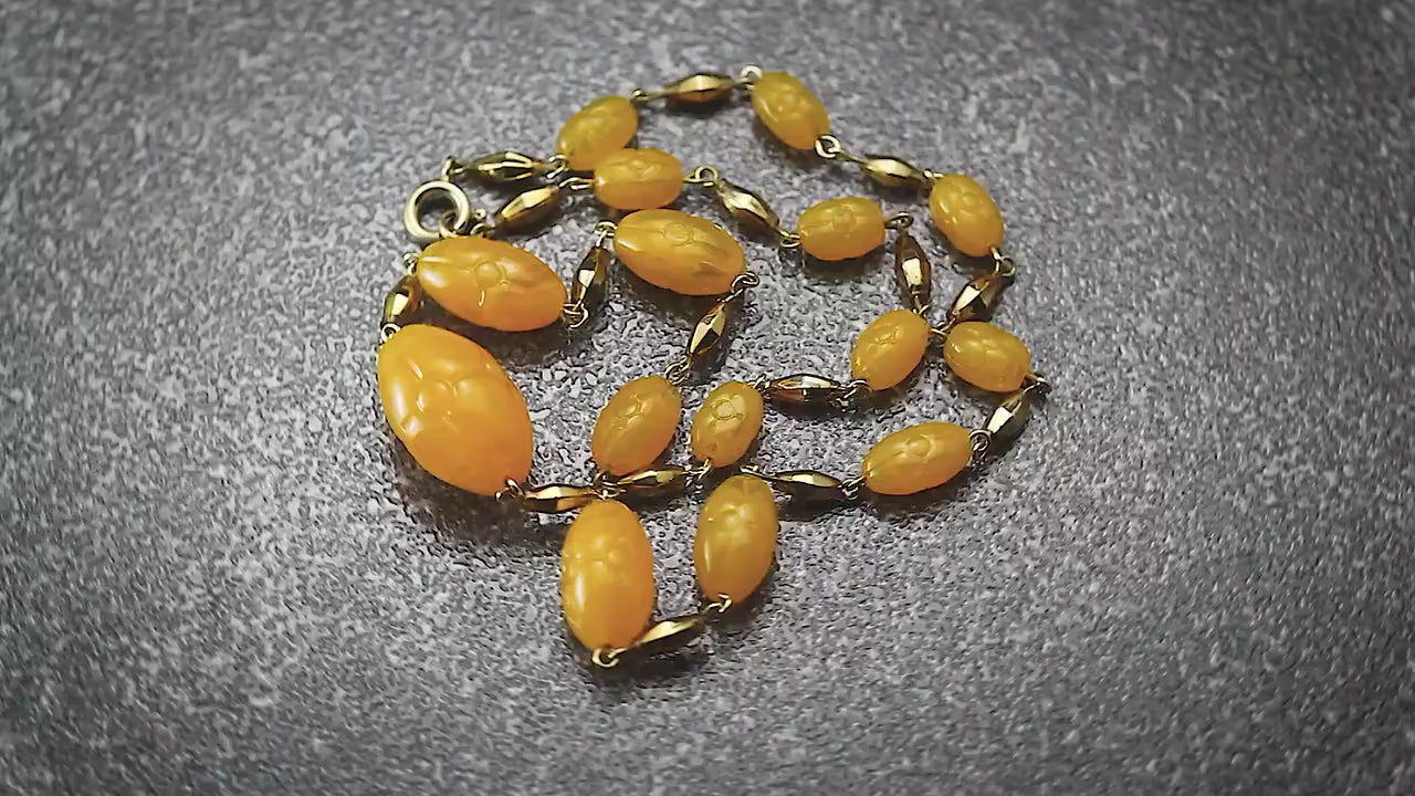 Antique Art Deco 1920s Czech Craftsmanship Bohemian Gold Yellow, Butterscotch Art Glass Beaded Necklace, Gold Tone, Unique Jewelry Jewellery