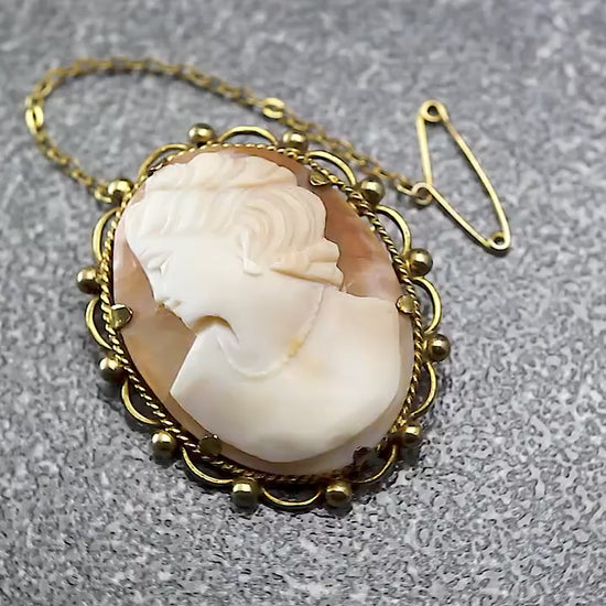 Antique 1880-1900 Victorian Hand Carved Rolled Gold Shell Cameo Brooch Pin, Stamped RG, Safety Chain, Unique Gift Jewelry Jewellery