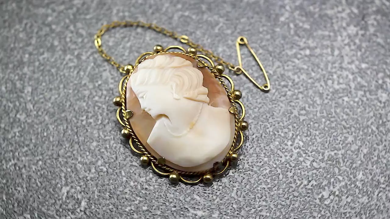 Antique 1880-1900 Victorian Hand Carved Rolled Gold Shell Cameo Brooch Pin, Stamped RG, Safety Chain, Unique Gift Jewelry Jewellery