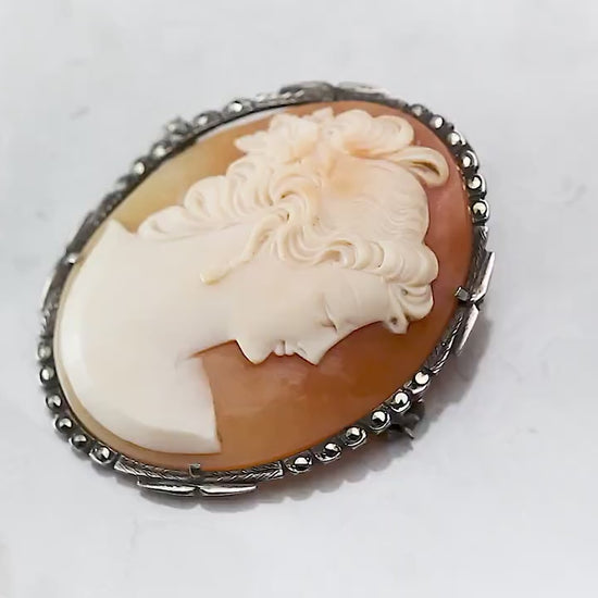 Antique Vintage Art Deco c1910-20s, Hand Carved Silver Shell Cameo Brooch Pin, Marcasite Mount, Silver 800, Unique Gift Jewelry Jewellery
