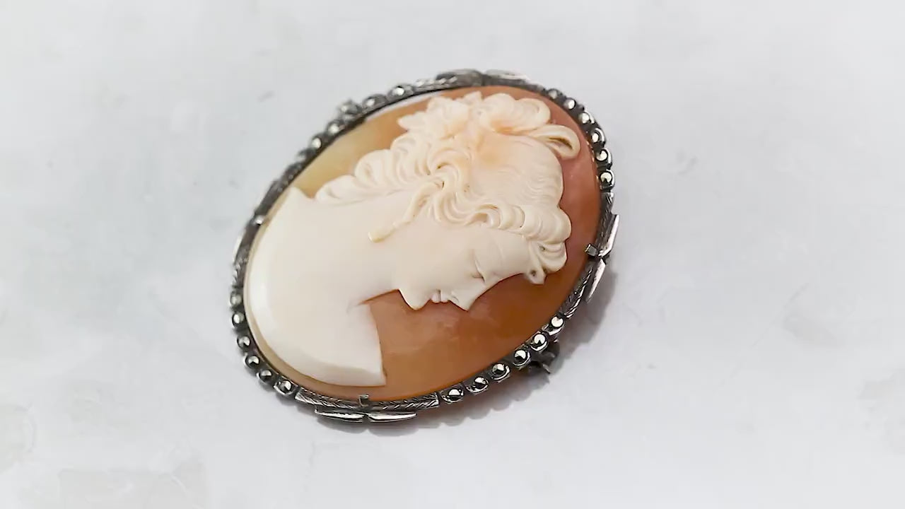 Antique Vintage Art Deco c1910-20s, Hand Carved Silver Shell Cameo Brooch Pin, Marcasite Mount, Silver 800, Unique Gift Jewelry Jewellery