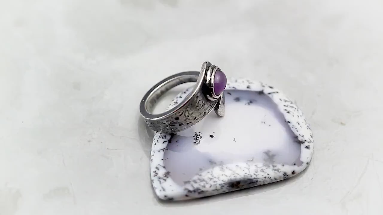 Vintage, Silver Plated Floral Ornate Spoon Ring, Moonglow Bohemian Purple Glass, Antique Style Jewelry Jewellery, Unique Gift for Women