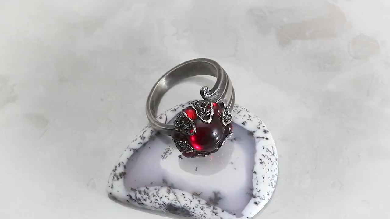 Large Vintage Silver Plated Ornate Spoon Ring | Moonglow Bohemian Red Glass | Antique Gothic Style Jewellery | Unique Gift for Women