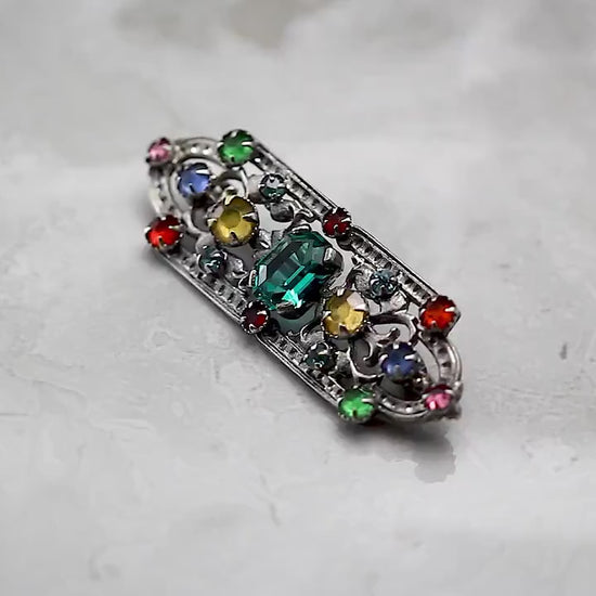 Art Deco Czech Bohemian 1920-1930s Brooch Pin, Mixed Colour Crystal Rhinestone, Silver Plated, Antique Vintage Gift  Jewelry Jewellery