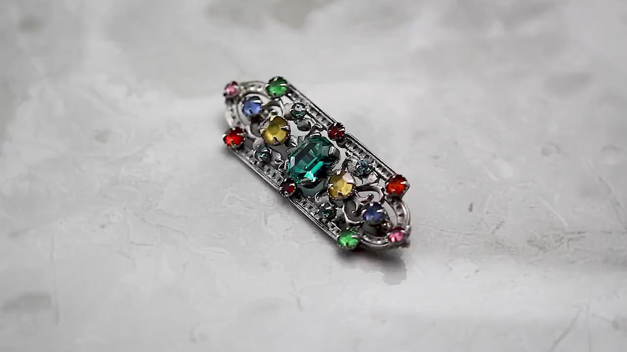 Art Deco Czech Bohemian 1920-1930s Brooch Pin, Mixed Colour Crystal Rhinestone, Silver Plated, Antique Vintage Gift  Jewelry Jewellery