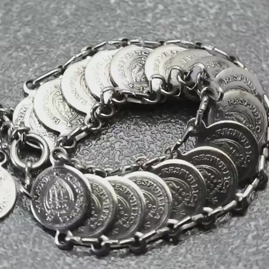 Vintage Coin Bracelet 1960's, Souvenir of San Marini, Scudi 1698, Boho Jewelry, Faux Coin Bracelet, Republic of San Marino, Silver Plated