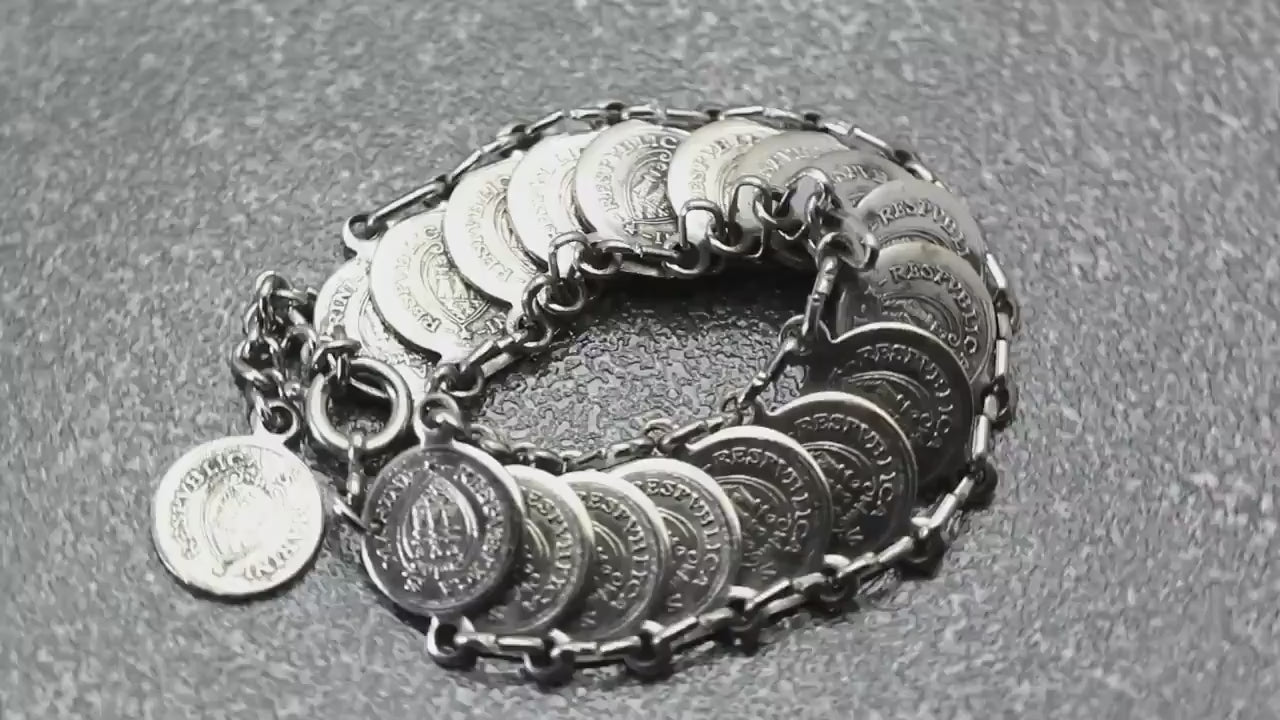 Vintage Coin Bracelet 1960's, Souvenir of San Marini, Scudi 1698, Boho Jewelry, Faux Coin Bracelet, Republic of San Marino, Silver Plated