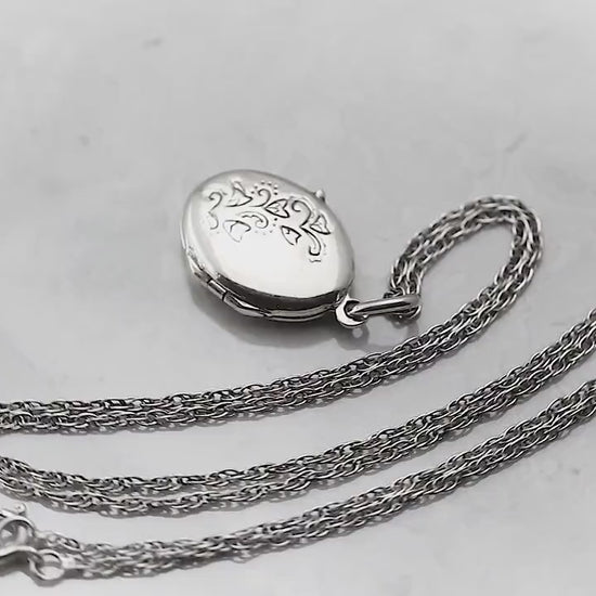 Vintage 1950's Sterling Silver Small Locket Pendant Necklace, Ornate Floral Locket, Sterling Silver Rope Chain, Gift for women
