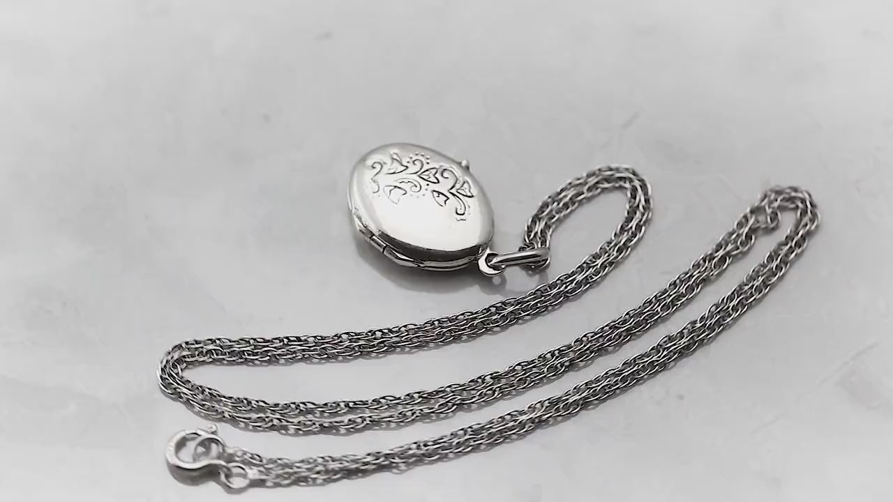 Vintage 1950's Sterling Silver Small Locket Pendant Necklace, Ornate Floral Locket, Sterling Silver Rope Chain, Gift for women