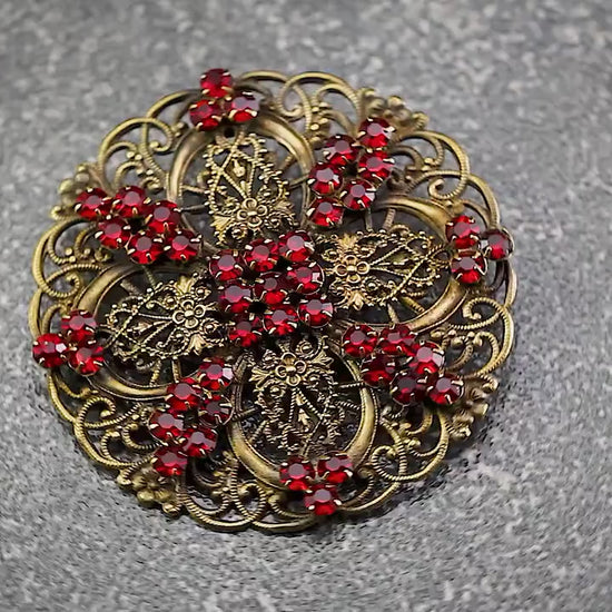 Antique Vintage c1920-1930 Art Deco Czech Bohemian Filigree Round Large Brooch Pin, Brass, Gold Tone, Crystal Rhinestones, Unique Jewelry