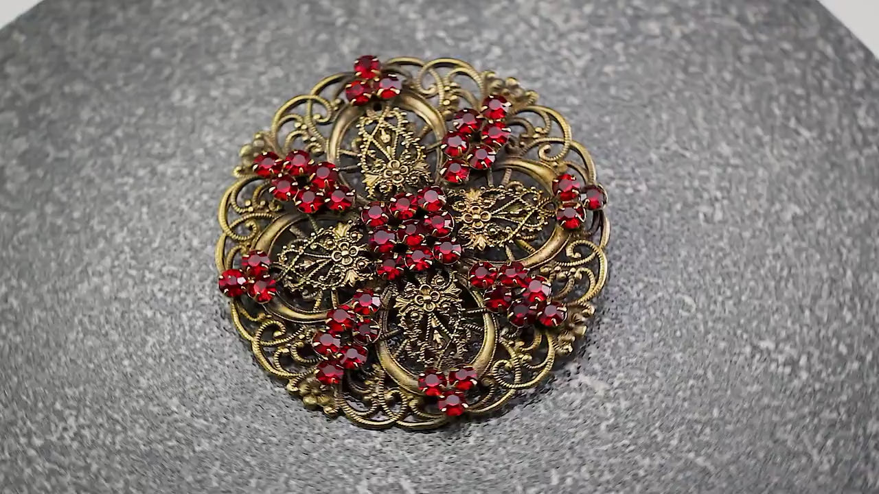 Antique Vintage c1920-1930 Art Deco Czech Bohemian Filigree Round Large Brooch Pin, Brass, Gold Tone, Crystal Rhinestones, Unique Jewelry