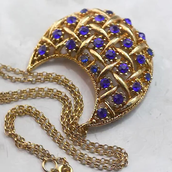 Vintage 1960s Art Deco style Crescent Moon Necklace Pendant, Repurposed One, Sapphire Rhinestones, 18Ct Gold Plated, Unique Gift