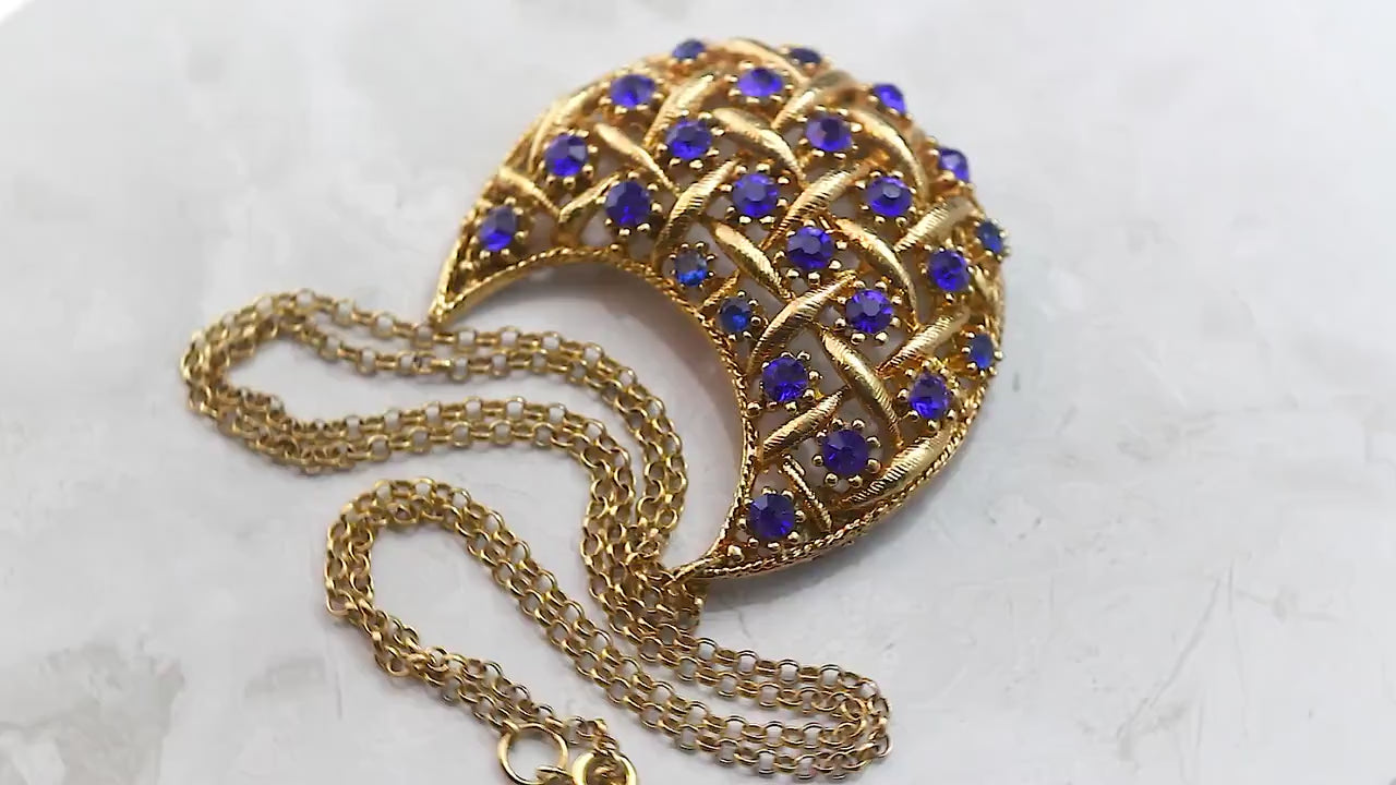 Vintage 1960s Art Deco style Crescent Moon Necklace Pendant, Repurposed One, Sapphire Rhinestones, 18Ct Gold Plated, Unique Gift