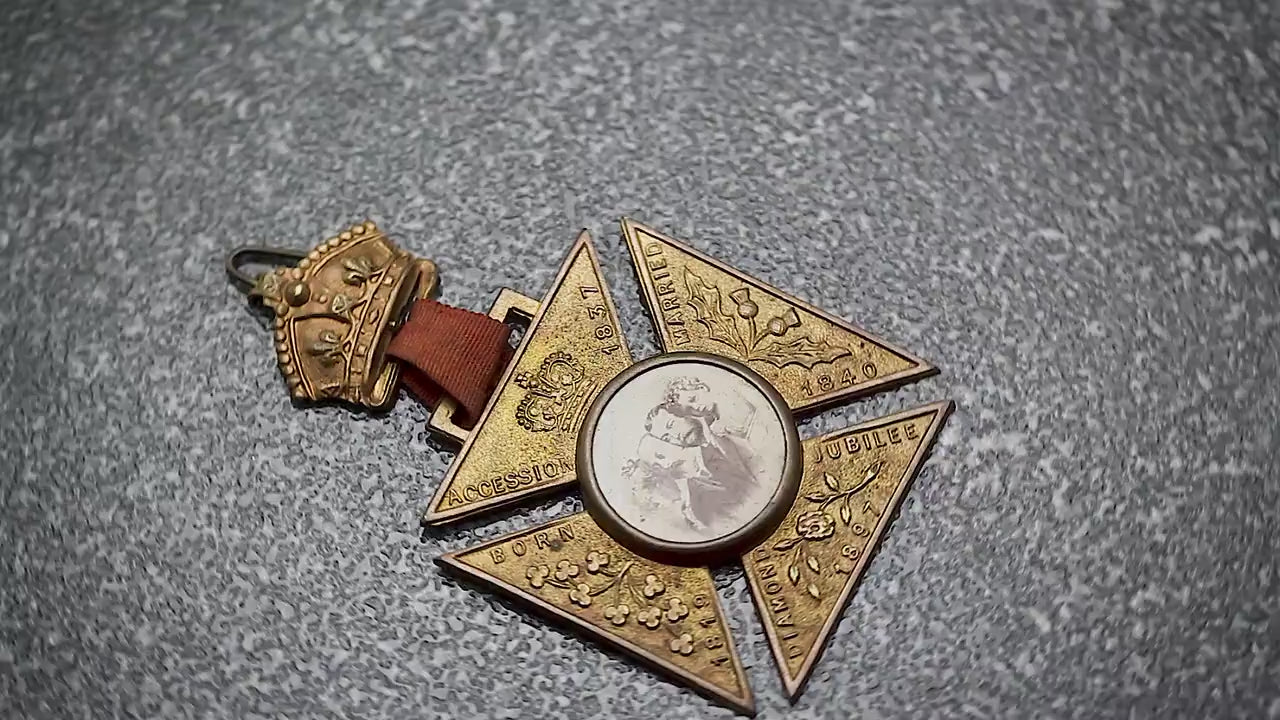 Antique 1897 Queen Victoria Diamond Jubilee Medal, Family Photo in Sepia, Cross Medal Badge, Antique Patina, Gold Plated Bronze, RARE item