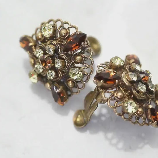 Vintage Czech 1930s Smoked Topaz Citrine Rhinestone Filigree Clip-On Earrings, Gold Plated, Gift for Women, Jewelry Art Deco Jewellery