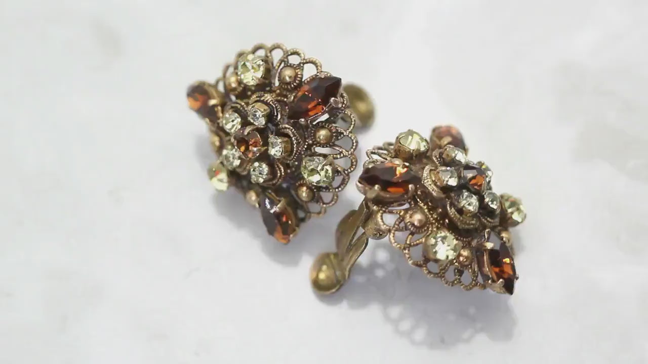 Vintage Czech 1930s Smoked Topaz Citrine Rhinestone Filigree Clip-On Earrings, Gold Plated, Gift for Women, Jewelry Art Deco Jewellery