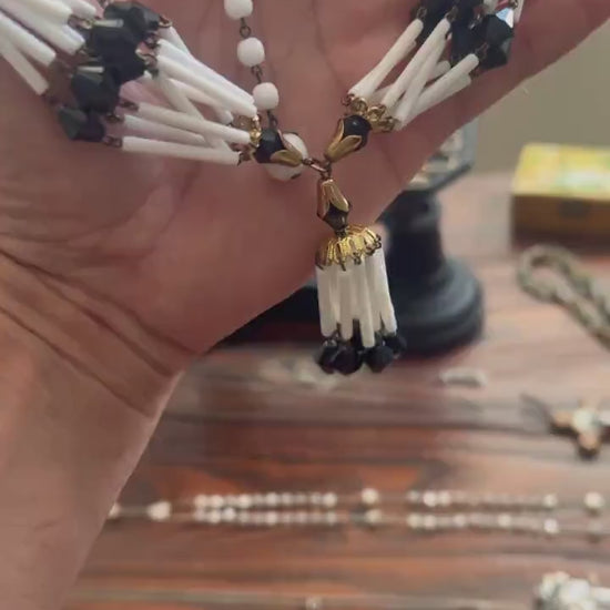 Vintage 1950s Black and White Lucite and Brass Necklace & Clip-On Earring Set, Gold Tone – Unique Art Deco Style Jewellery, Jewelry Gift