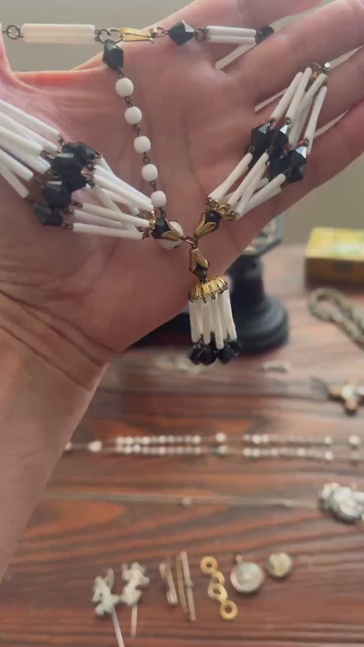 Vintage 1950s Black and White Lucite and Brass Necklace & Clip-On Earring Set, Gold Tone – Unique Art Deco Style Jewellery, Jewelry Gift