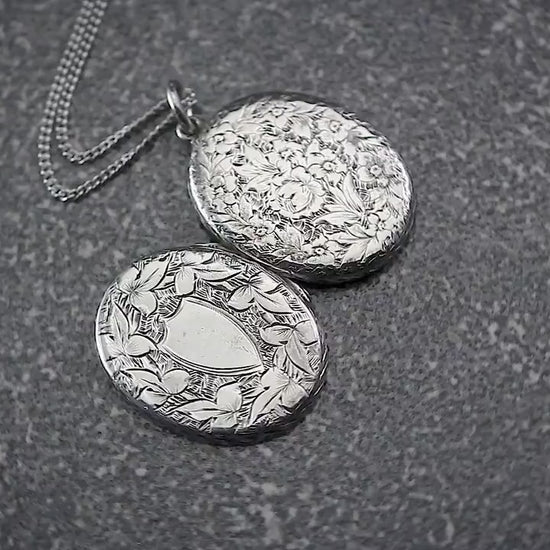 Sterling Silver Vintage 1930s Oval 2 Photo Locket Pendant Necklace, Engraved Ornate Floral, Sterling Silver Plain Curb Chain