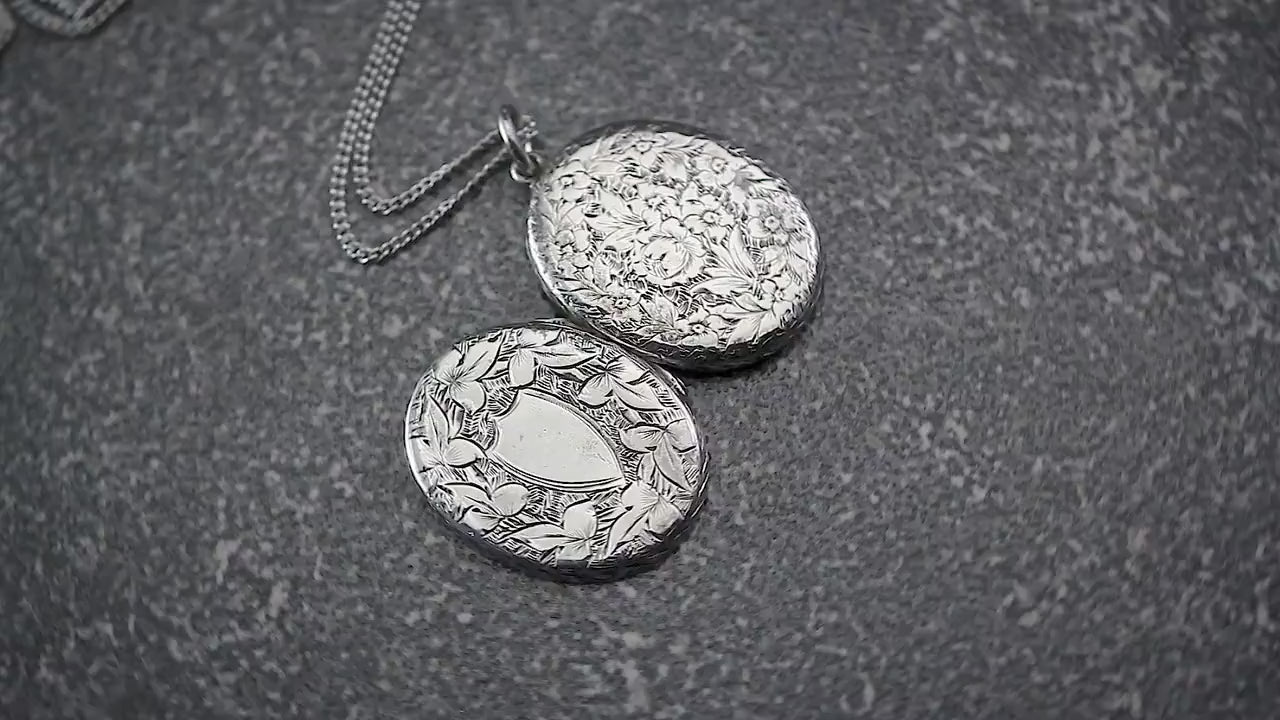 Sterling Silver Vintage 1930s Oval 2 Photo Locket Pendant Necklace, Engraved Ornate Floral, Sterling Silver Plain Curb Chain