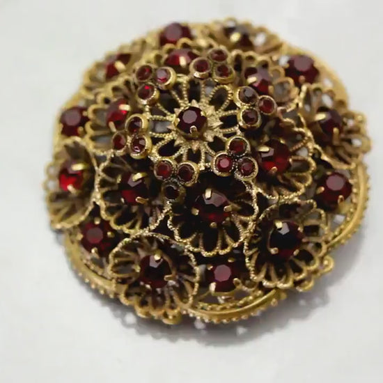 Art Deco 1920-1930's Vintage Czech Red Glass Brooch Filigree Ruby Paste High Relief, Antique Gold Plated, Vintage Jewelry, Gift for Women