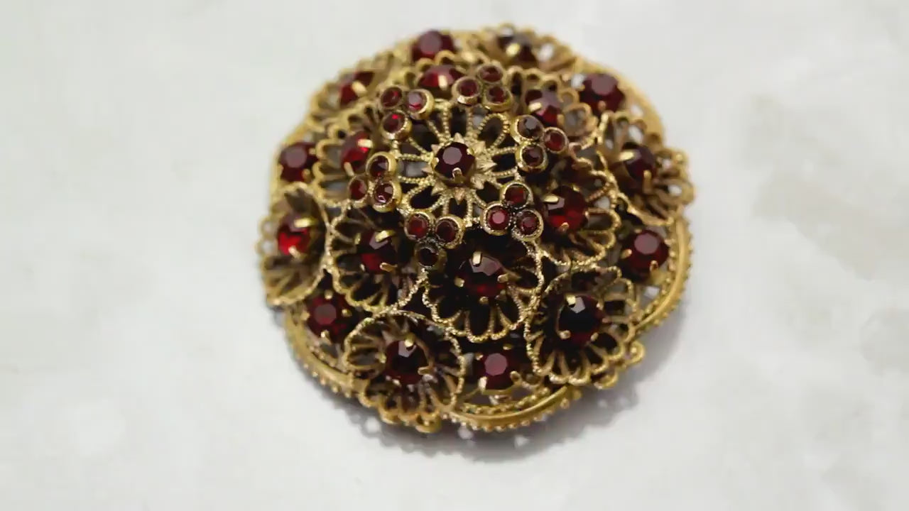 Art Deco 1920-1930's Vintage Czech Red Glass Brooch Filigree Ruby Paste High Relief, Antique Gold Plated, Vintage Jewelry, Gift for Women