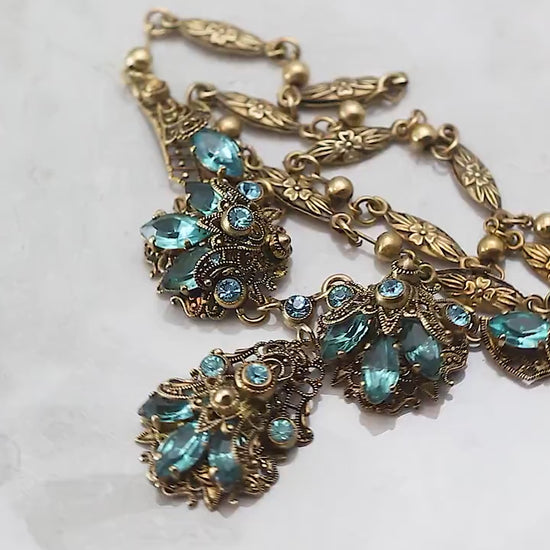 Vintage Art Deco 1920s 1930s, Czech Craftsmanship Bohemian Filigree Necklace, Aquamarine Crystal Rhinestones, Gilded, Unique Jewelry Gift