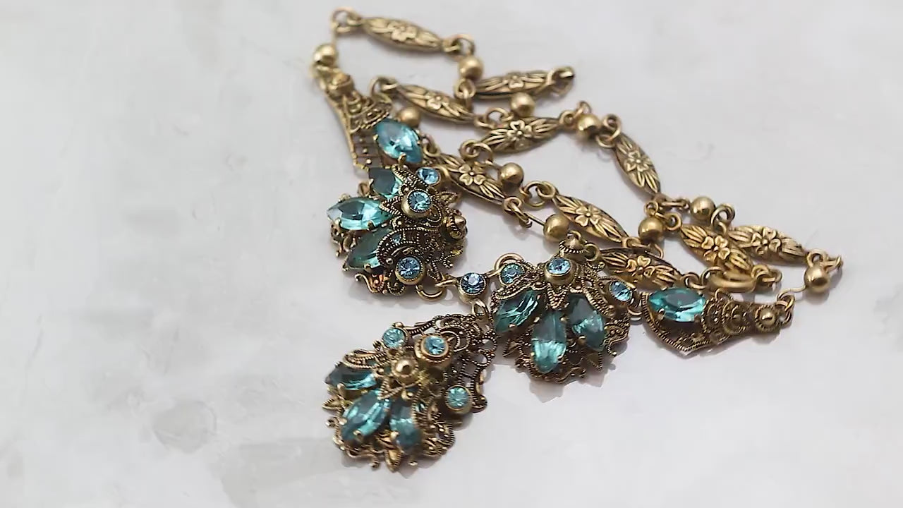 Vintage Art Deco 1920s 1930s, Czech Craftsmanship Bohemian Filigree Necklace, Aquamarine Crystal Rhinestones, Gilded, Unique Jewelry Gift