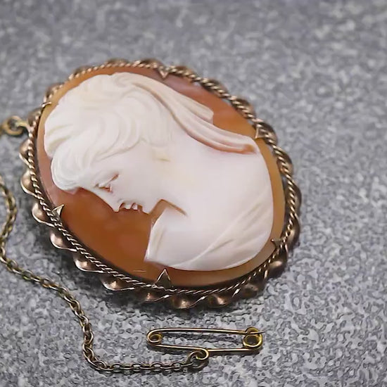 Antique 1880-1900 Victorian Hand Carved Rolled Gold Shell Cameo Brooch Pin, Stamped RG, Safety Chain, Unique Gift Jewelry Jewellery