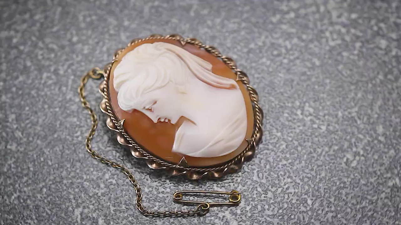 Antique 1880-1900 Victorian Hand Carved Rolled Gold Shell Cameo Brooch Pin, Stamped RG, Safety Chain, Unique Gift Jewelry Jewellery