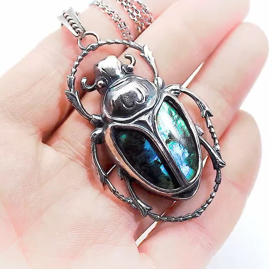 Art Deco Vintage style Egyptian Scarab Pendant Necklace, Antique Silver Plated, Royal Blue Labradorite, Sterling Silver Chain, Unique Gift