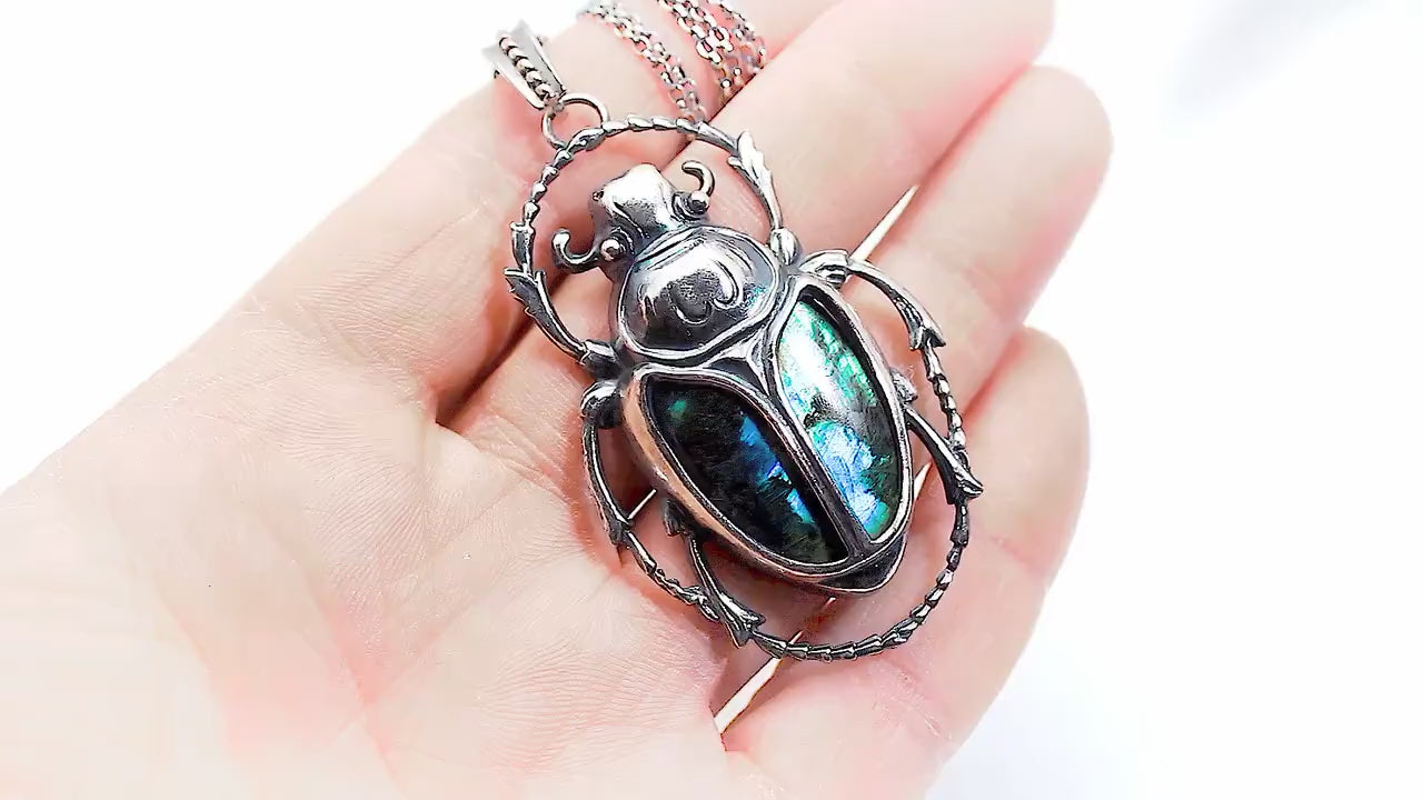 Art Deco Vintage style Egyptian Scarab Pendant Necklace, Antique Silver Plated, Royal Blue Labradorite, Sterling Silver Chain, Unique Gift