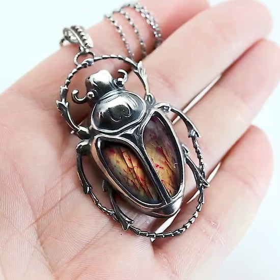 Art Deco Vintage style Egyptian Scarab Pendant Necklace, Antique Silver Plated, Redish Labradorite, Sterling Silver Chain, Unique Gift