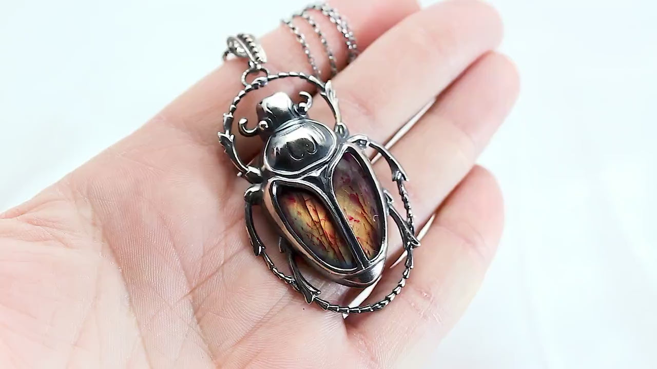 Art Deco Vintage style Egyptian Scarab Pendant Necklace, Antique Silver Plated, Redish Labradorite, Sterling Silver Chain, Unique Gift