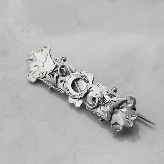 Sterling Silver Victorian 1895 Hallmarked Chester, Floral Crescent Moon Brooch, Antique Vintage Gift Jewelry Jewellery