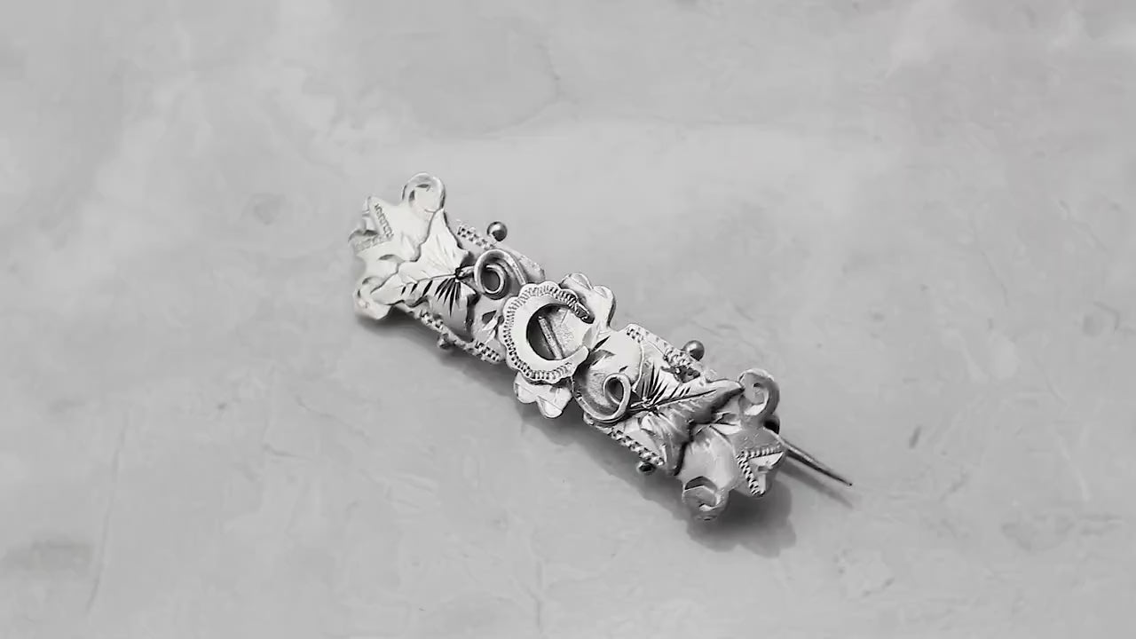 Sterling Silver Victorian 1895 Hallmarked Chester, Floral Crescent Moon Brooch, Antique Vintage Gift Jewelry Jewellery