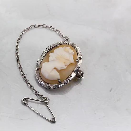 Vintage 1970s Silver 800, Naples Italy Hand Carved Shell Cameo Miniature Brooch Pin, Safety Chain, Unique Gift Vintage Jewelry Jewellery