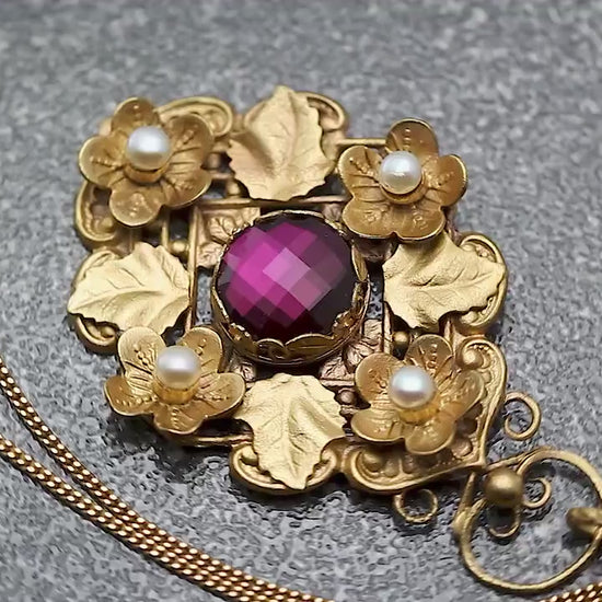 Vintage Antique Art Deco 1915-1930 Floral, Unique Ornate Necklace Pendant, Freshwater Pearls, Rhinestone, Repurposed One, 18Ct Gold Plated