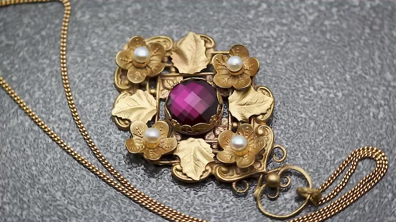 Vintage Antique Art Deco 1915-1930 Floral, Unique Ornate Necklace Pendant, Freshwater Pearls, Rhinestone, Repurposed One, 18Ct Gold Plated