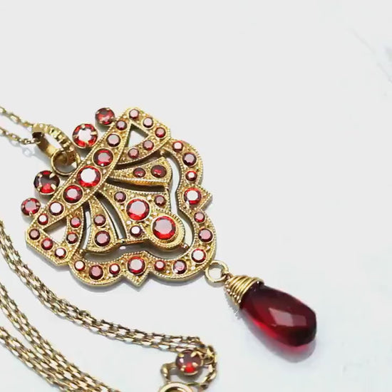 Art Deco Unique Necklace Pendant, Garnet Cubic Zirconia, Antique, Vintage Repurposed One, Richly Gilded, Birthday Gift for Women.