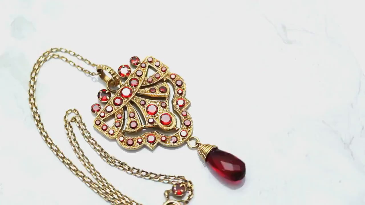 Art Deco Unique Necklace Pendant, Garnet Cubic Zirconia, Antique, Vintage Repurposed One, Richly Gilded, Birthday Gift for Women.