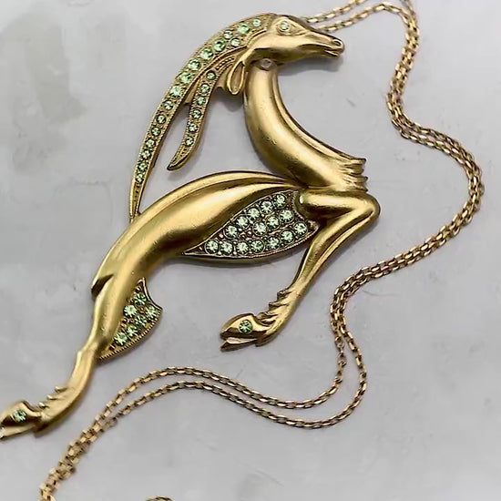 Vintage Antique Art Deco 1915-1930 Large Gazelle Necklace Pendant, Repurposed One, Green Rhinestones, 24K Gold Plated, Unique Gift Jewelry