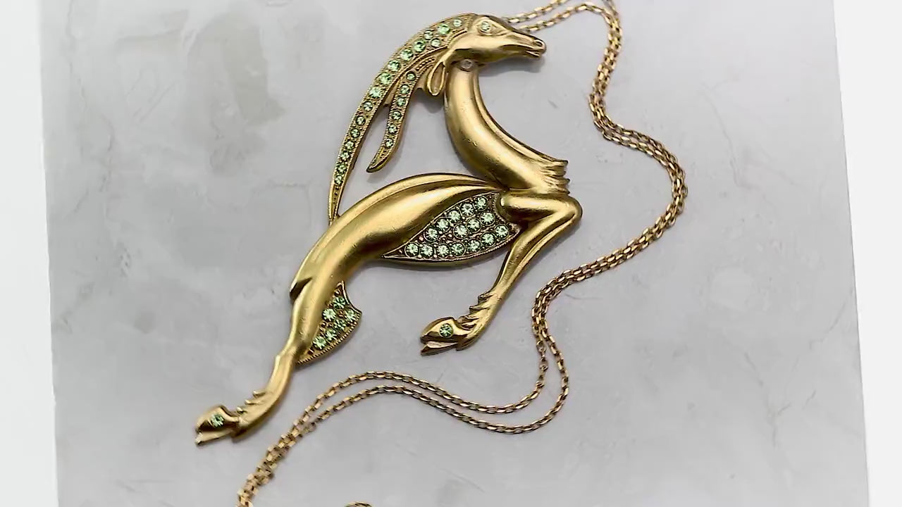 Vintage Antique Art Deco 1915-1930 Large Gazelle Necklace Pendant, Repurposed One, Green Rhinestones, 24K Gold Plated, Unique Gift Jewelry